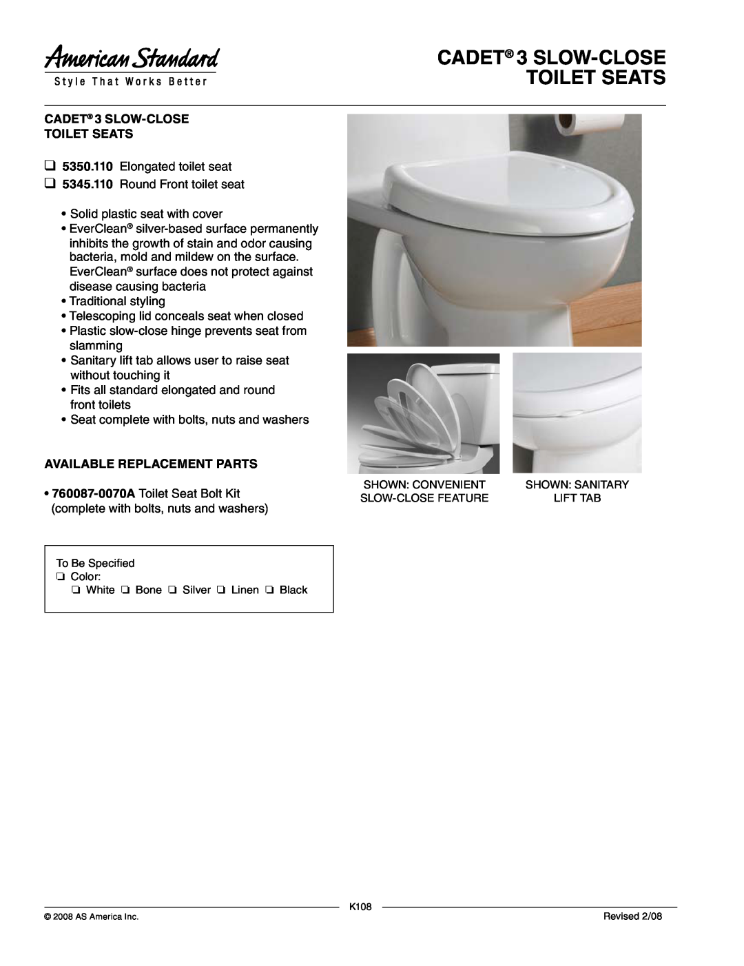 American Standard 5350.110, 5345.110 manual CADET 3 SLOW-CLOSETOILET SEATS, CADET 3 SLOW-CLOSE TOILET SEATS 