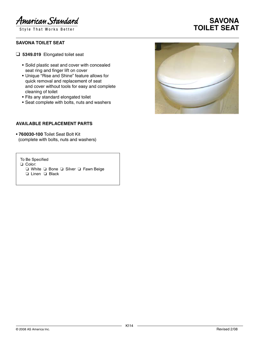 American Standard 5349.019 manual Savona Toilet Seat, Available Replacement Parts 