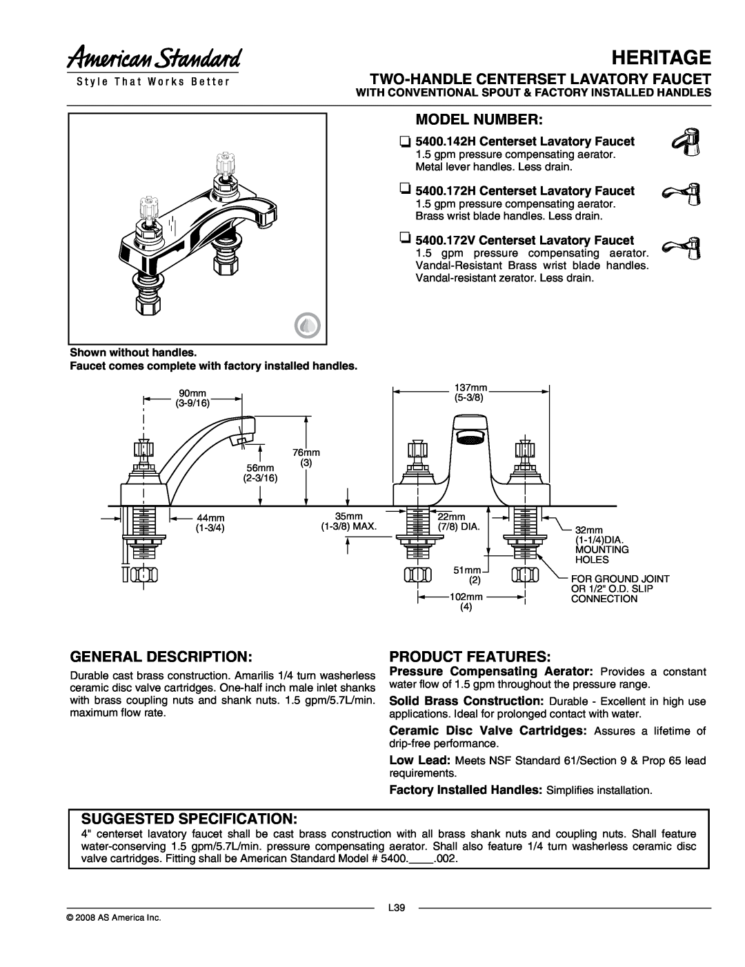 American Standard 5400.142H manual Heritage, Two-Handlecenterset Lavatory Faucet, Model Number, General Description 