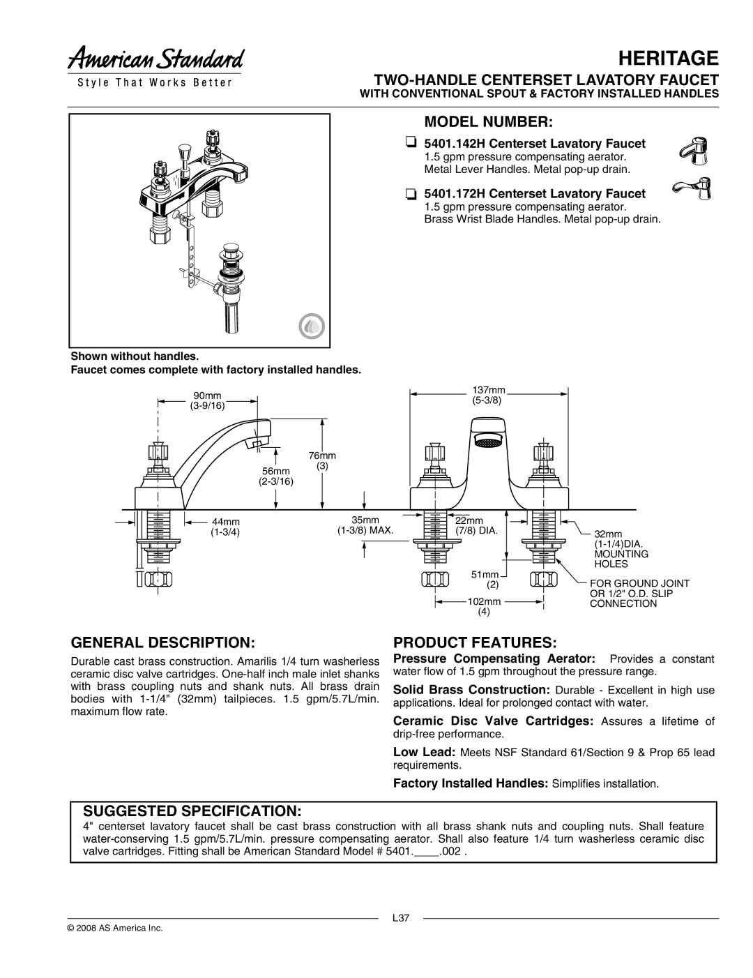 American Standard 5401.142H, 5401.172H manual TWO-HANDLE Centerset Lavatory Faucet, Model Number, General Description 