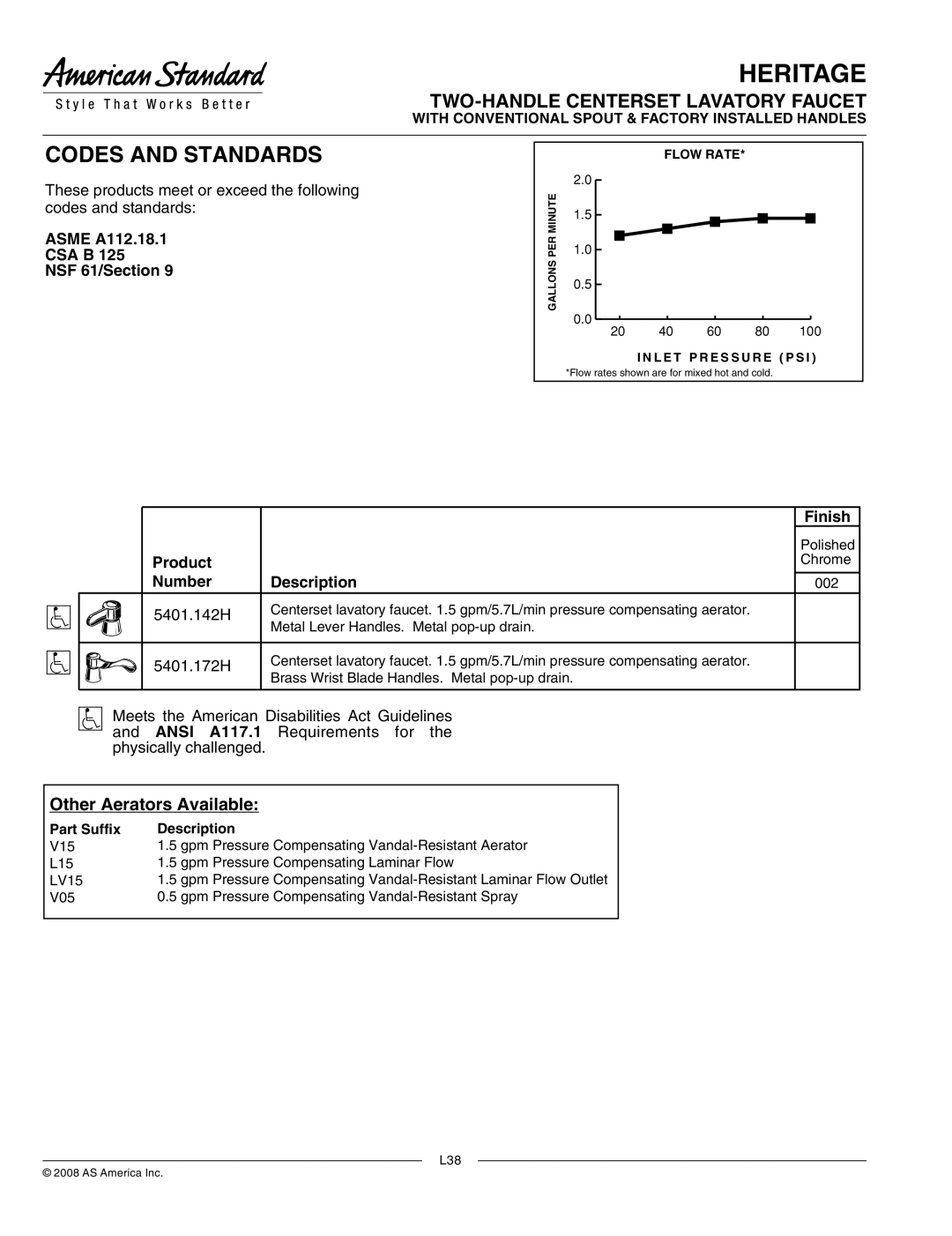 American Standard 5401.172H, 5401.142H manual Asme A112.18.1, Csa B, NSF 61/Section, Finish, Product, Number Description 