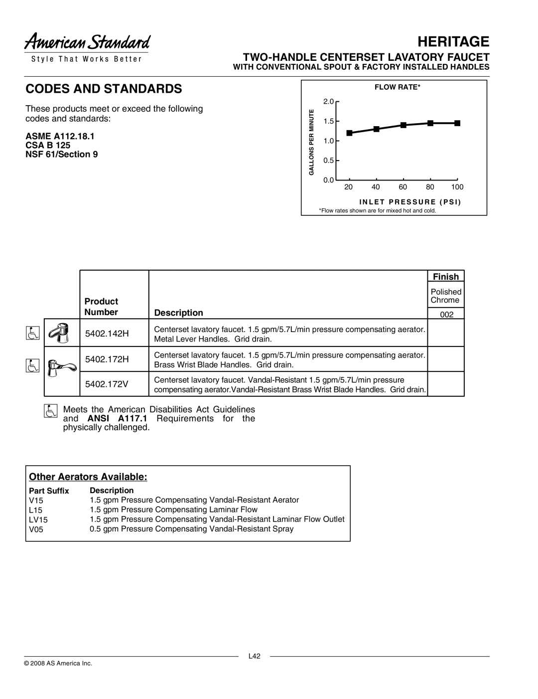 American Standard 5402.172H, 5402.142H, 5402.172V Asme A112.18.1 CSA B NSF 61/Section, Finish, Product, Number Description 