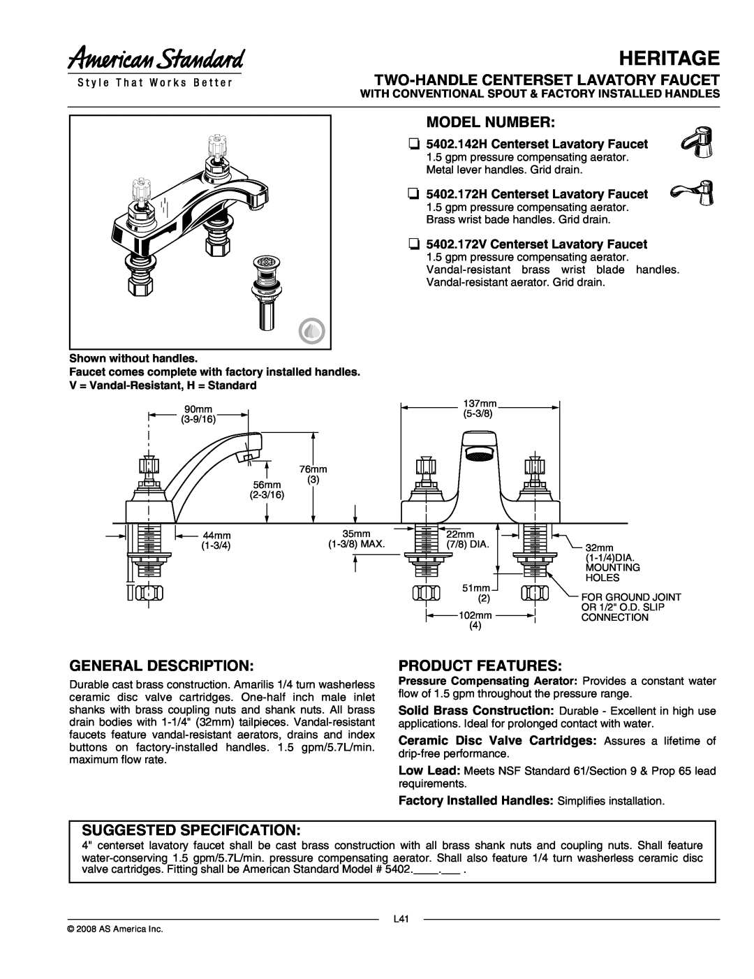 American Standard 5402.172V manual Heritage, Two-Handlecenterset Lavatory Faucet, Model Number, General Description 