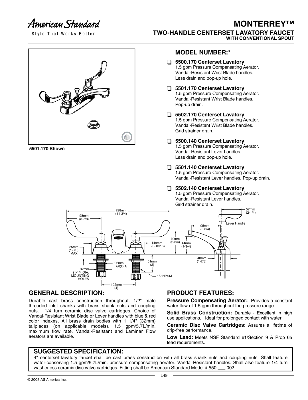 American Standard 5500.170, 5502.170 manual TWO-HANDLE Centerset Lavatory Faucet, Model Number, General Description 