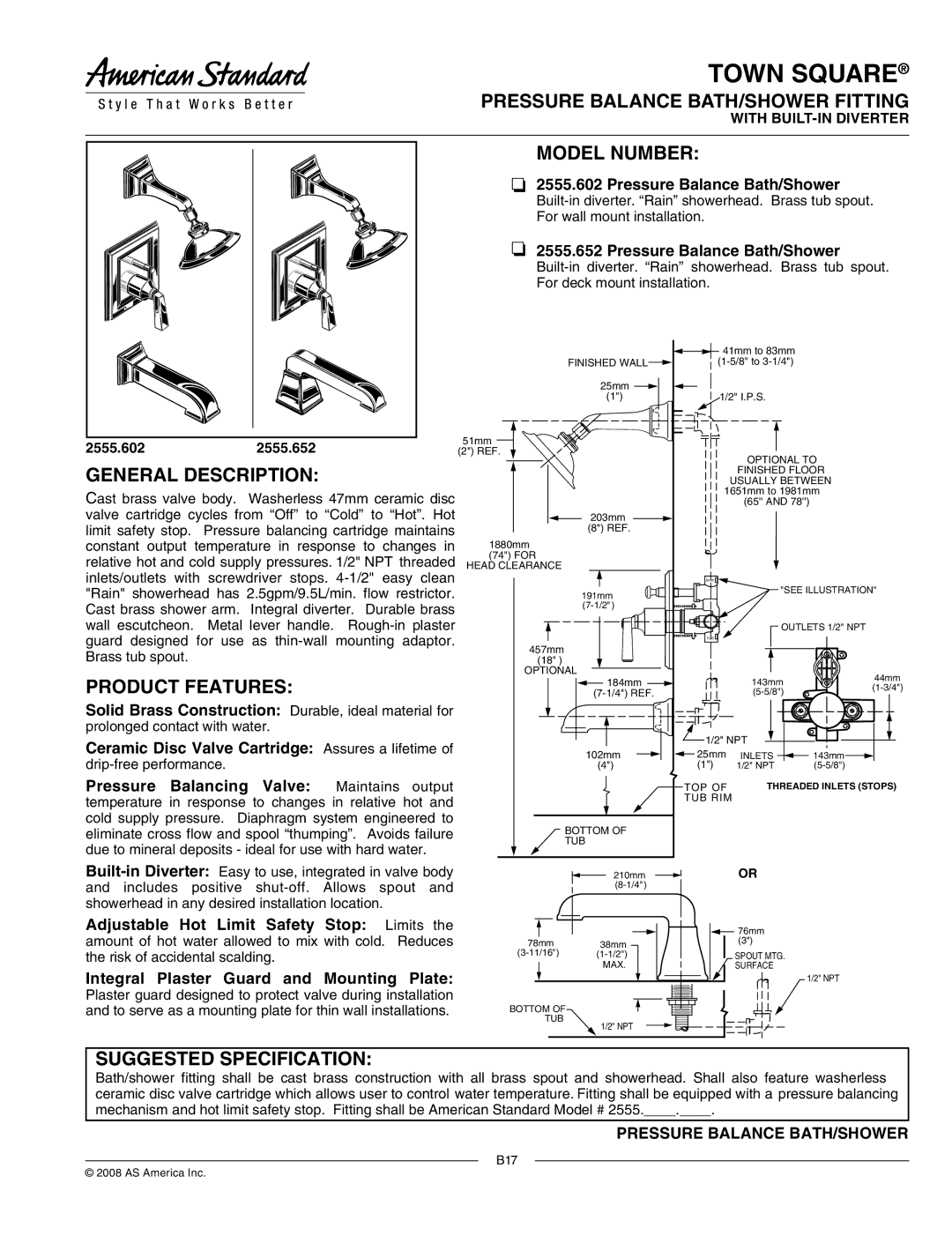 American Standard 555.652 manual Pressure Balance BATH/SHOWER Fitting, Model Number, General Description, Product Features 