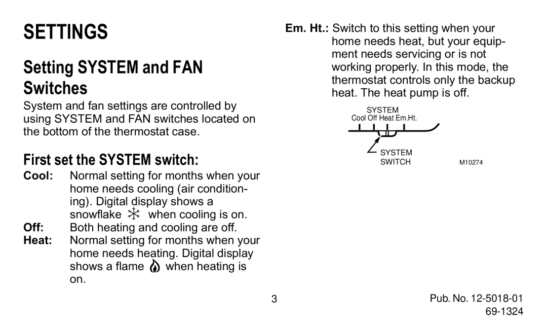 American Standard 570 manual Settings, Setting System and FAN Switches 