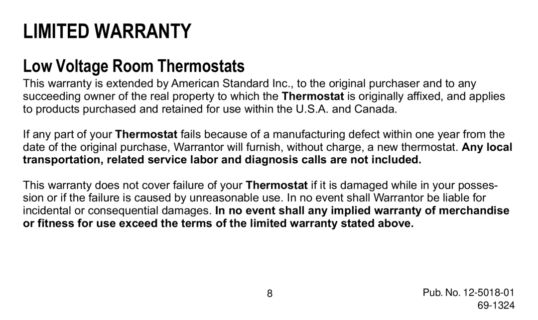 American Standard 570 manual Limited Warranty, Low Voltage Room Thermostats 