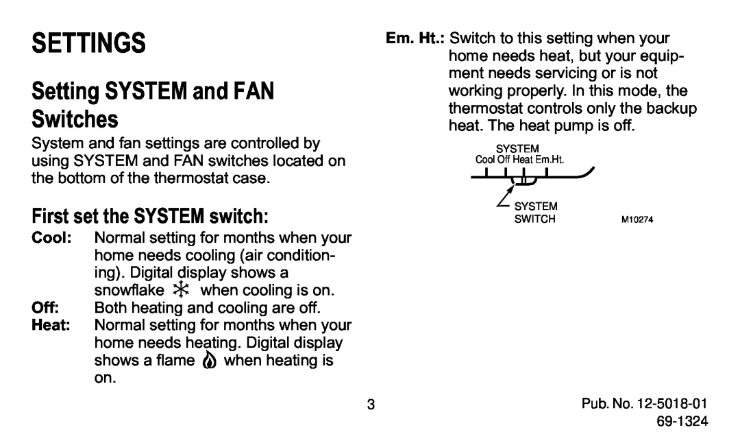 American Standard 570 manual Settings, Setting SYSTEM and FAN Switches, First set the SYSTEM switch 