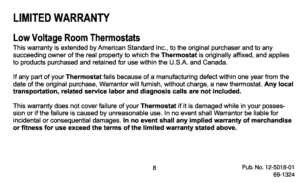 American Standard 570 manual Limited Warranty, Low Voltage Room Thermostats 