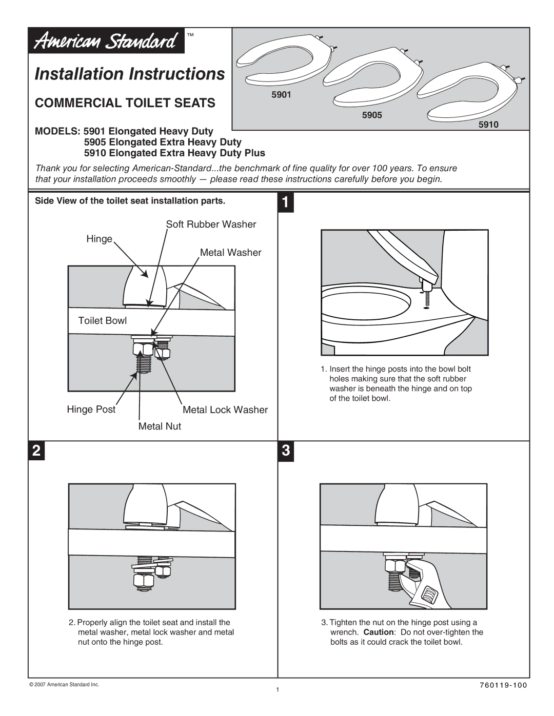 American Standard 5905, 5910, 5901 installation instructions Installation Instructions, Commercial Toilet Seats 