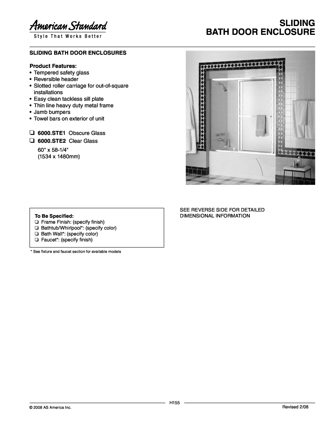 American Standard 6000.STE2, 6000.STE1 manual Sliding Bath Door Enclosure, SLIDING BATH DOOR ENCLOSURES Product Features 