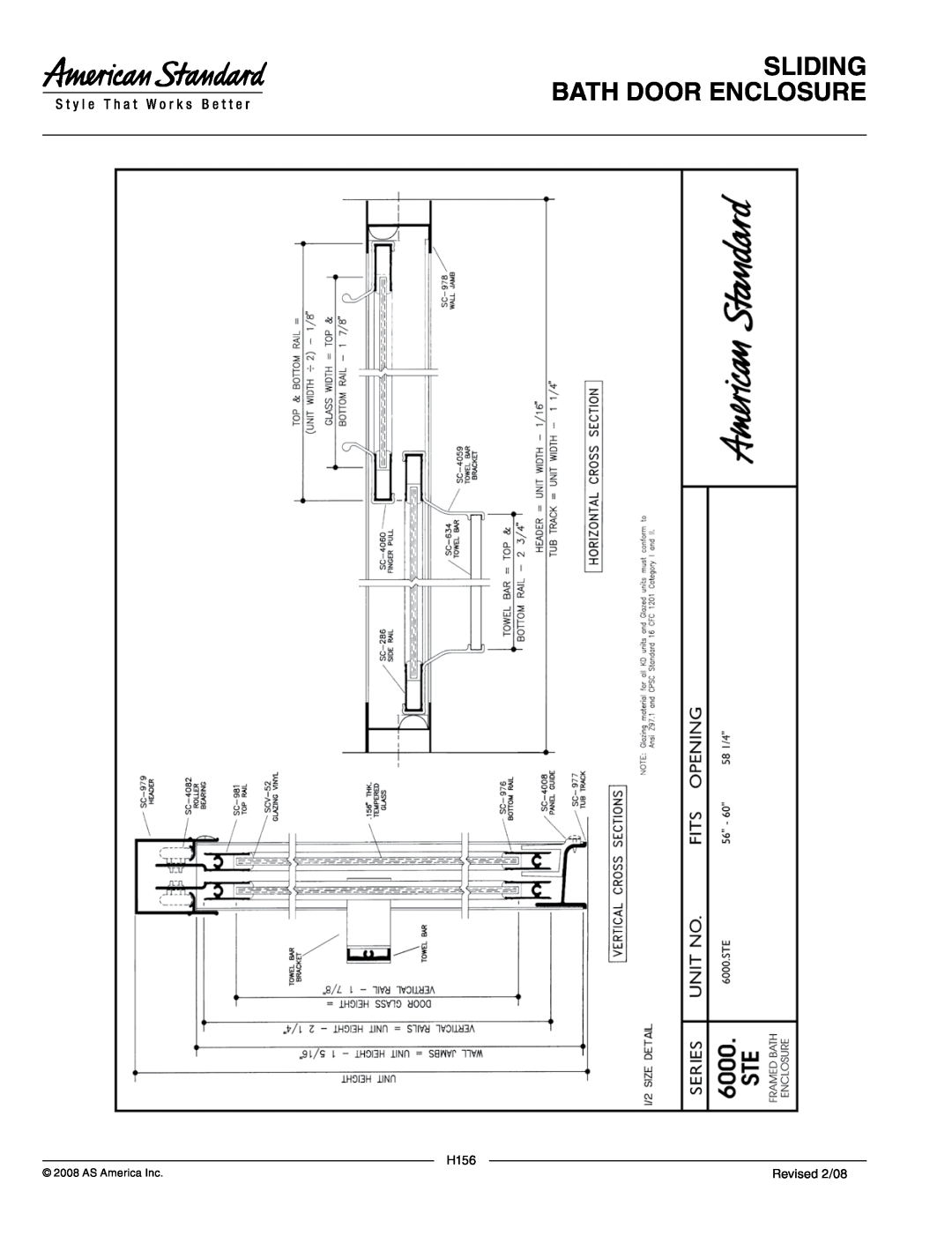 American Standard 6000.STE1, 6000.STE2 manual Sliding Bath Door Enclosure, H156, Revised 2/08, AS America Inc 