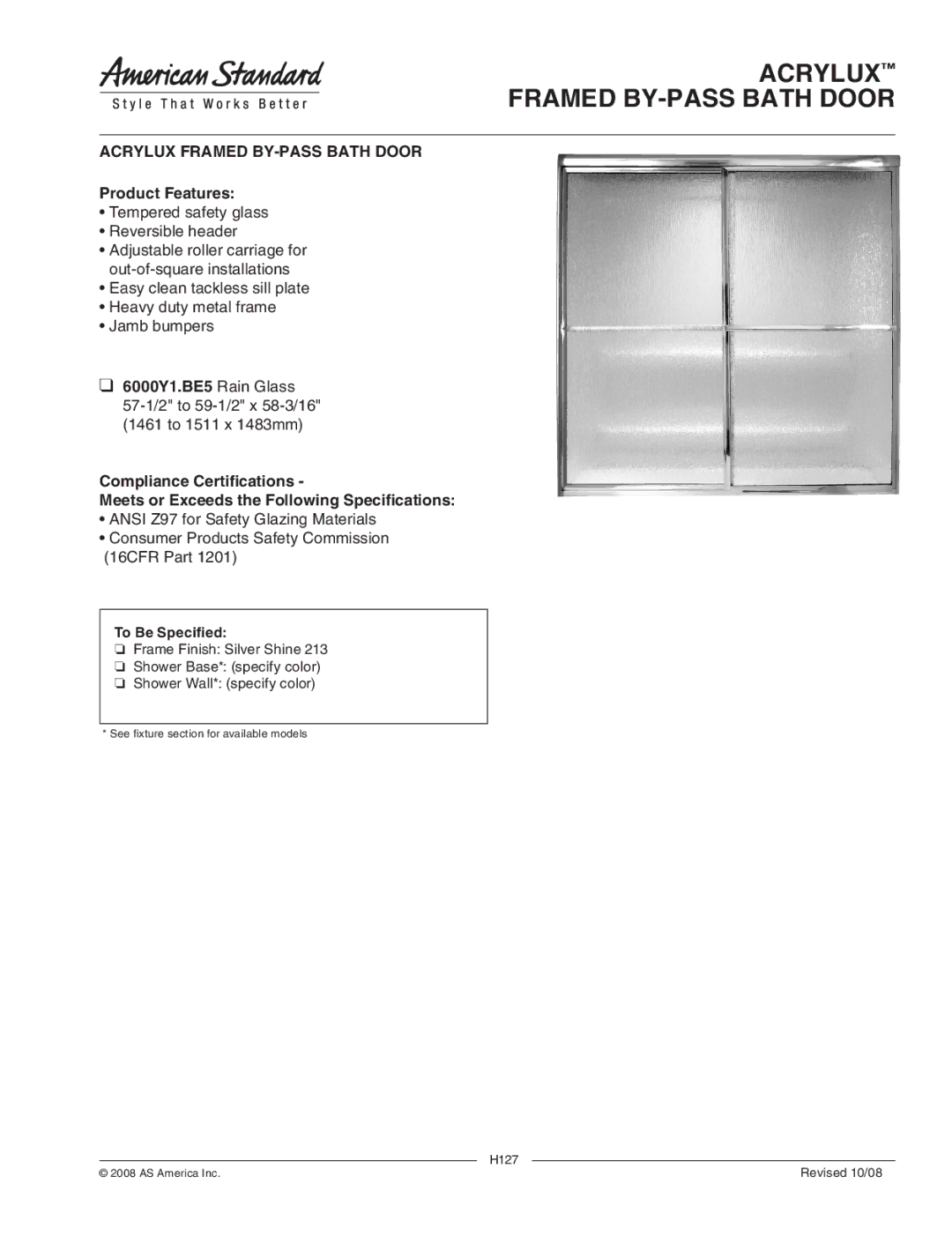 American Standard manual Product Features, 6000Y1.BE5 Rain Glass, H127, Revised 10/08 