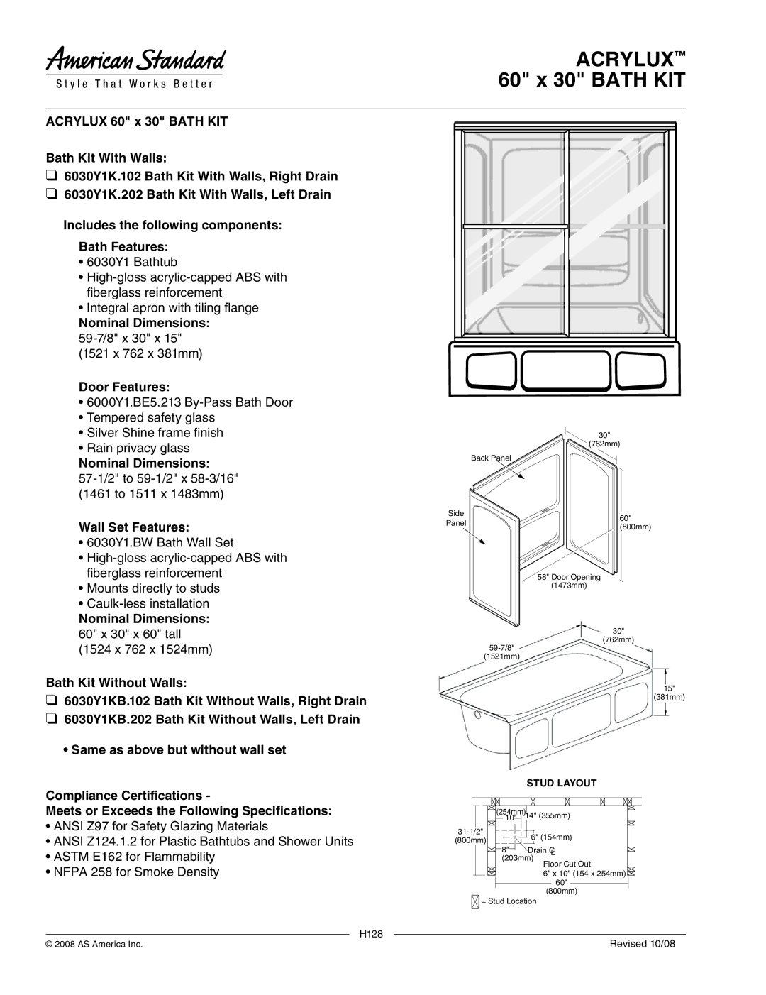 American Standard 6000Y1.BE5 manual Acrylux 60 x 30 Bath KIT, Nominal Dimensions, Wall Set Features, H128 