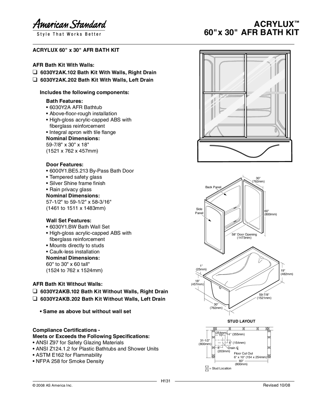 American Standard 6000Y1.BE5 manual Acrylux 60 x 30 AFR Bath KIT, H131 