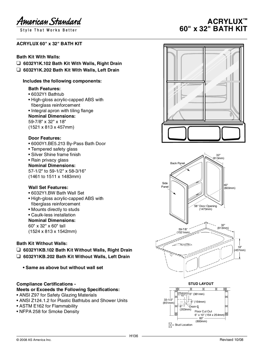 American Standard 6000Y1.BE5 manual Acrylux 60 x 32 Bath KIT, H136 