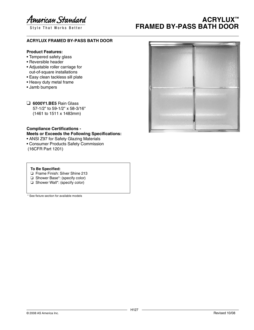 American Standard 6000Y1.BE5 manual Acrylux Framed By-Pass Bath Door, ACRYLUX FRAMED BY-PASS BATH DOOR Product Features 