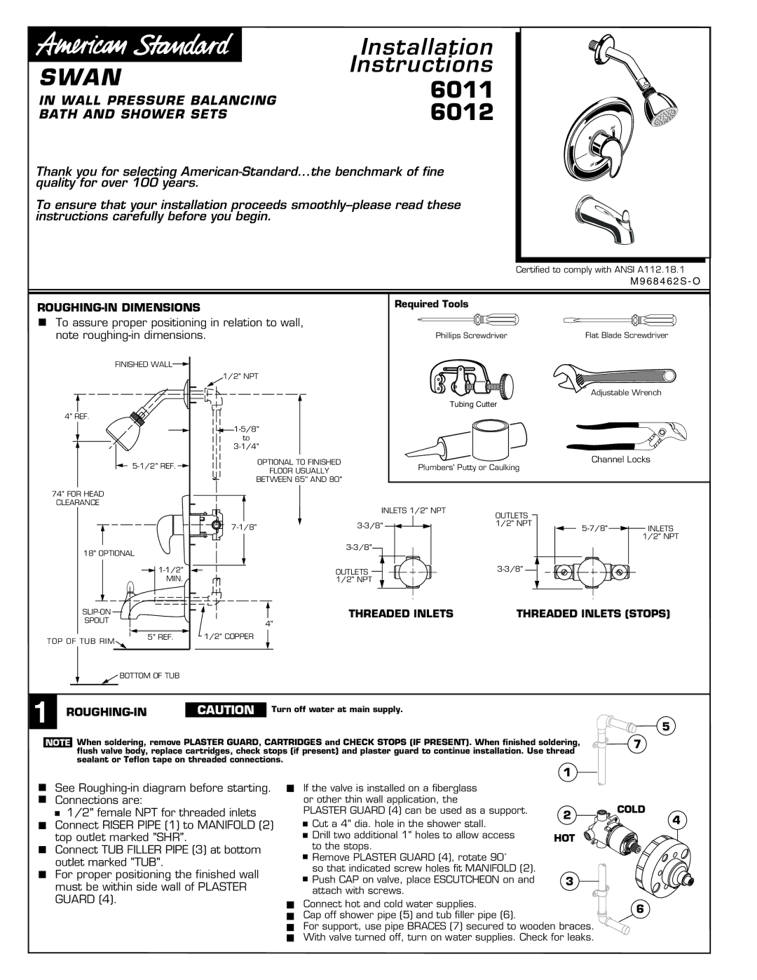 American Standard 6012 installation instructions Wall Pressure Balancing, Bath and Shower Sets, ROUGHING-IN Dimensions 