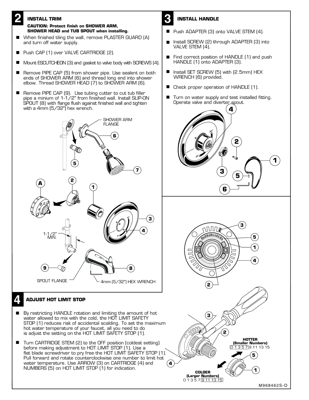 American Standard 6011, 6012 installation instructions Install Trim, Install Handle, Adjust HOT Limit Stop 