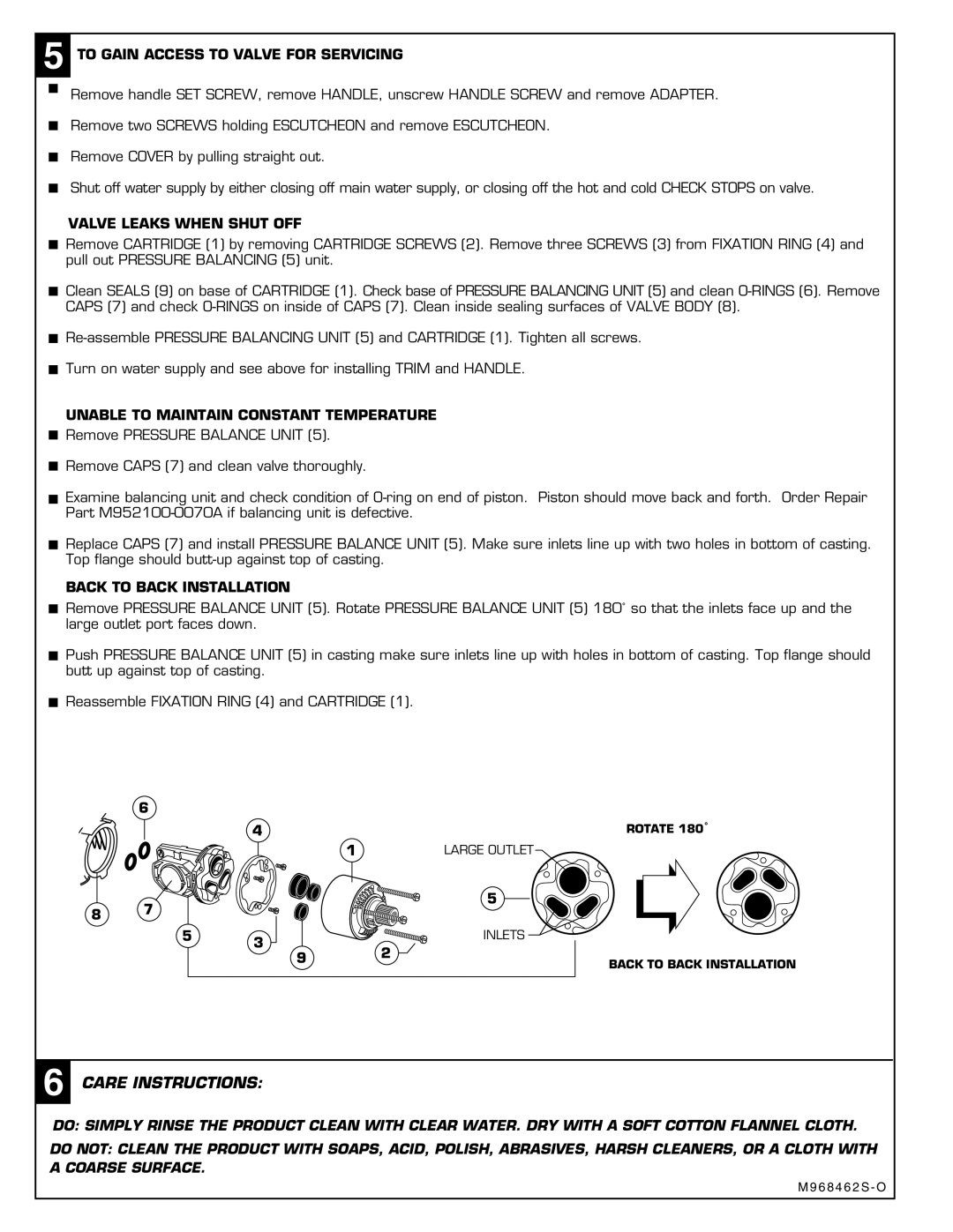 American Standard 6012, 6011 Care Instructions, To Gain Access to Valve for Servicing, Valve Leaks When Shut OFF 