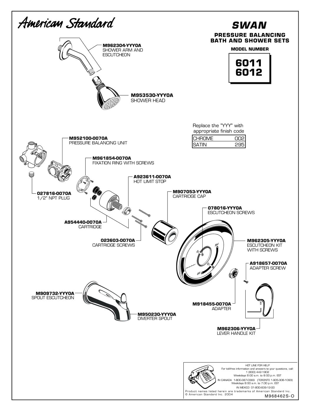 American Standard installation instructions 6011 6012, Replace the YYY with appropriate finish code 