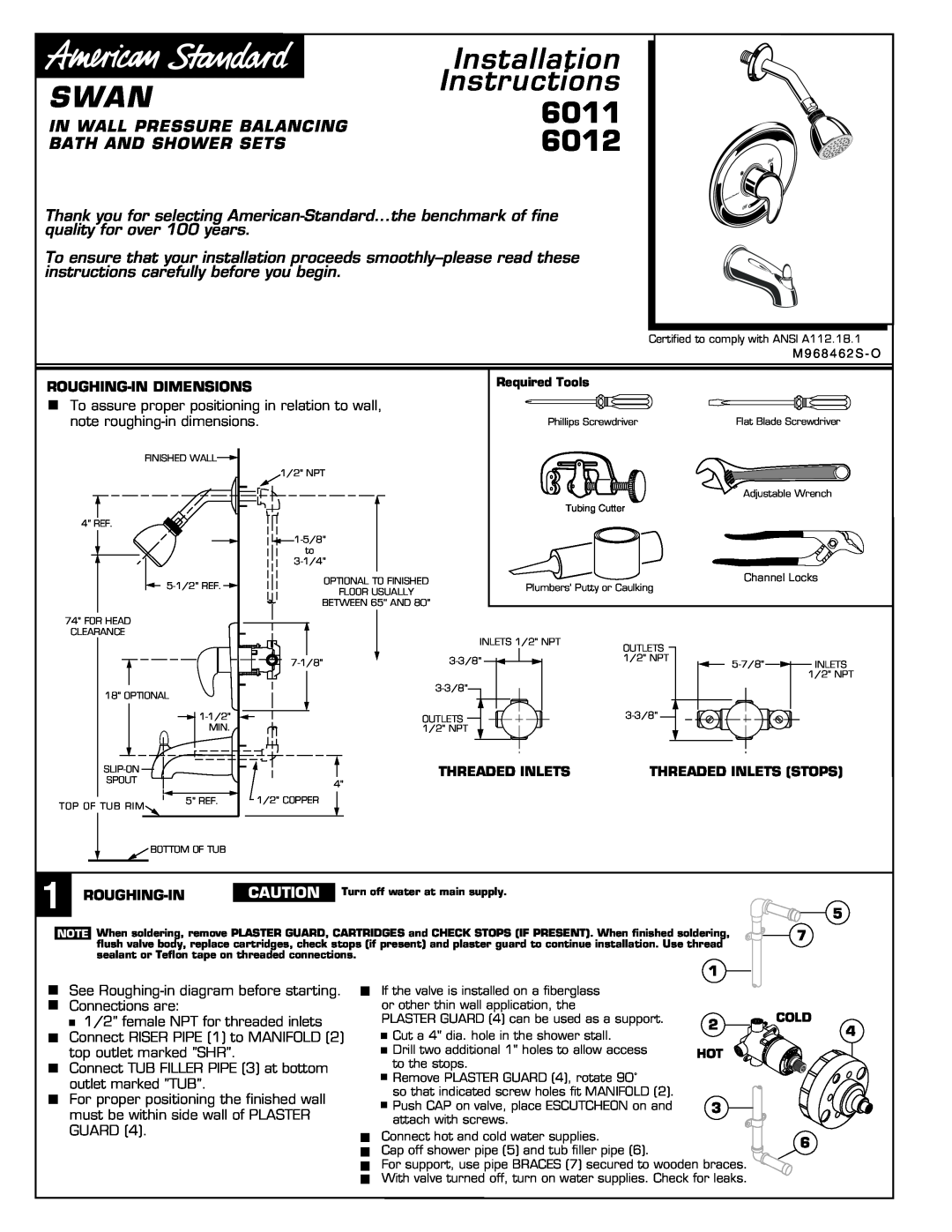 American Standard 6012 installation instructions Installation, Swan, Instructions, 6011, In Wall Pressure Balancing 