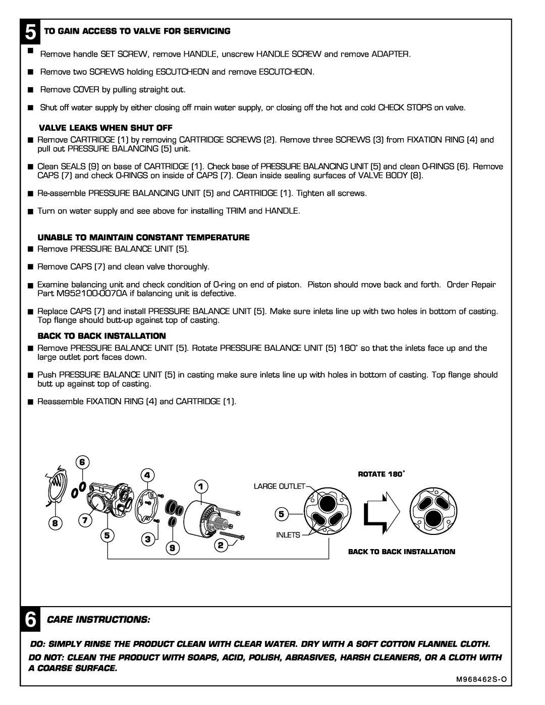 American Standard 6012, 6011 Care Instructions, To Gain Access To Valve For Servicing, Valve Leaks When Shut Off 