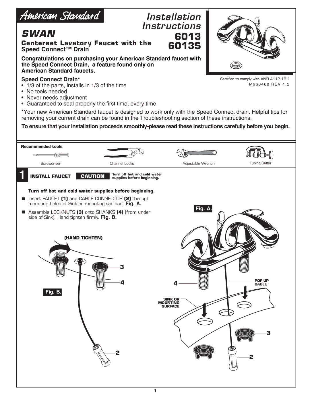 American Standard 6013S installation instructions Speed Connect Drain, Install Faucet 