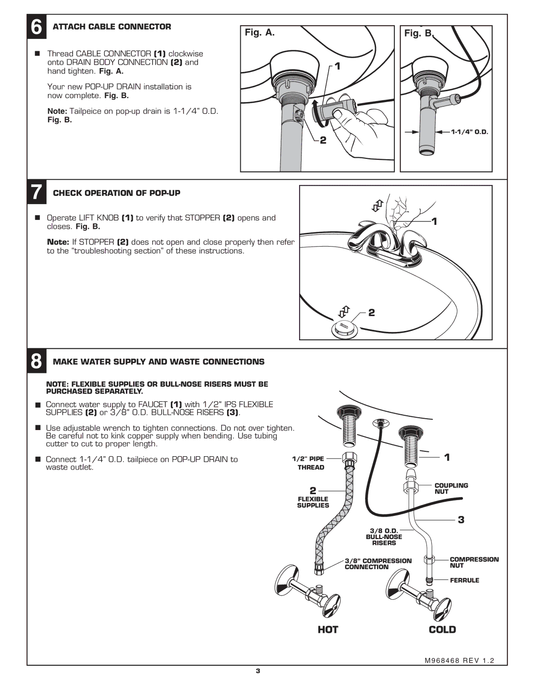 American Standard 6013S installation instructions Hotcold, Attach Cable Connector, Check Operation of POP-UP 