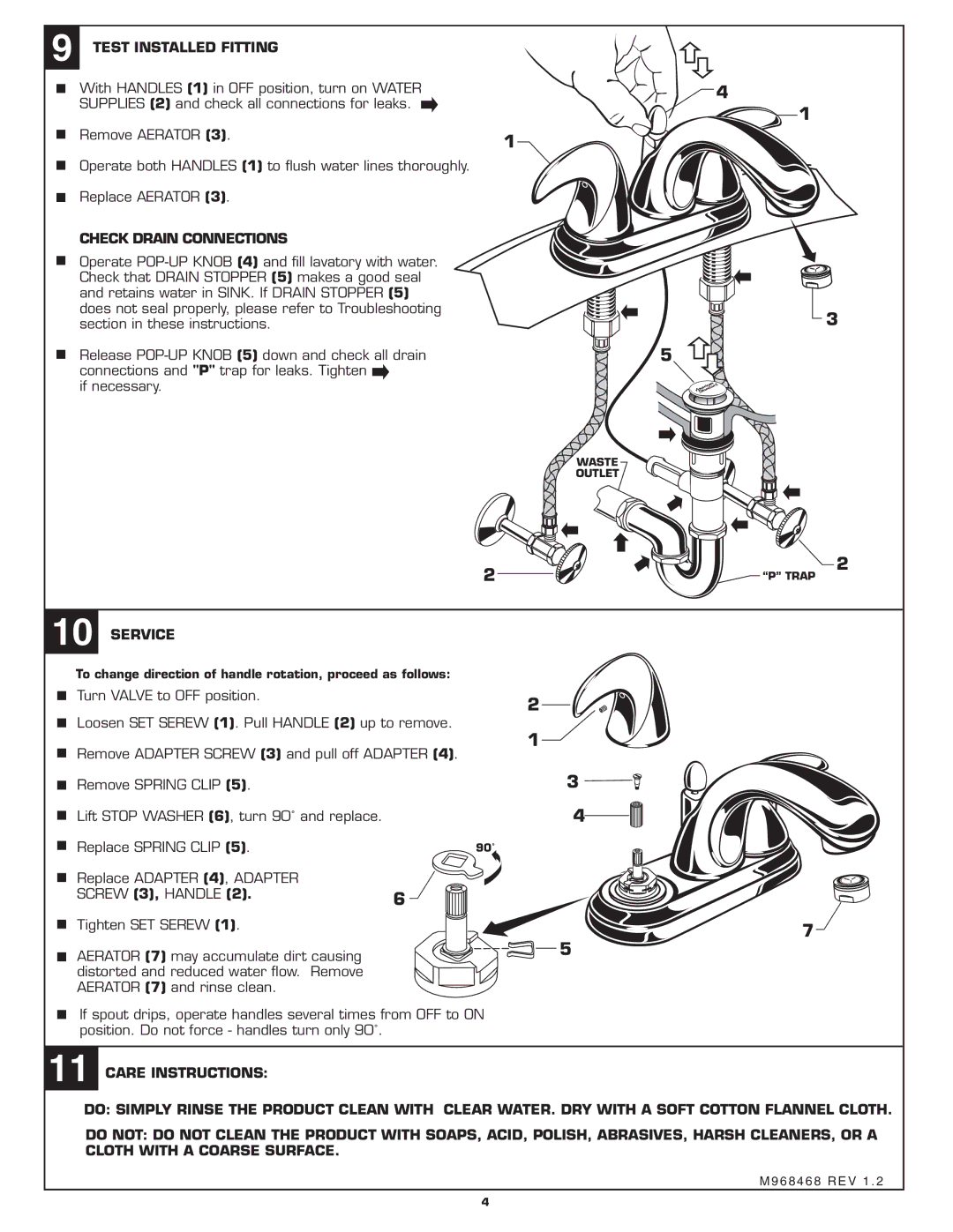 American Standard 6013S installation instructions Test Installed Fitting, Check Drain Connections, Service 