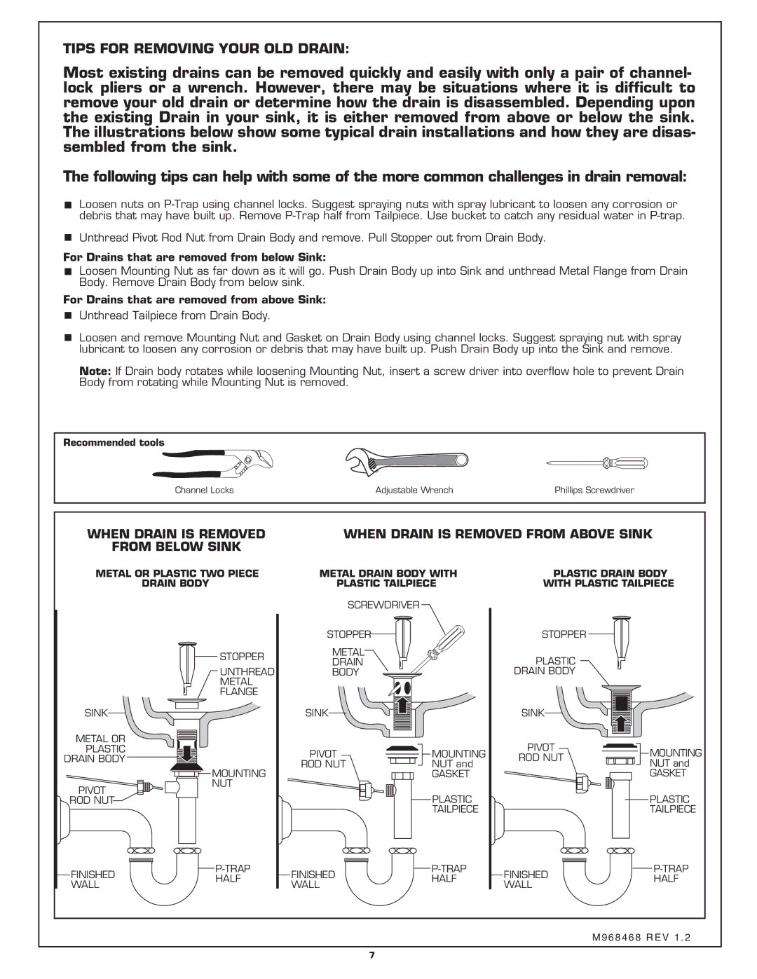 American Standard 6013S Tips for Removing Your OLD Drain, For Drains that are removed from below Sink 