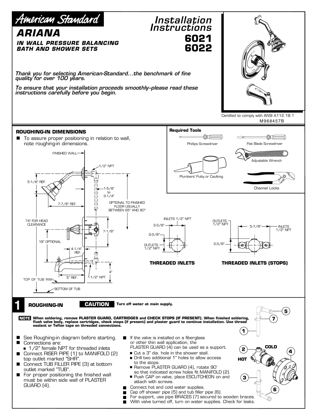 American Standard 6022 installation instructions Wall Pressure Balancing, Bath and Shower Sets, ROUGHING-IN Dimensions 