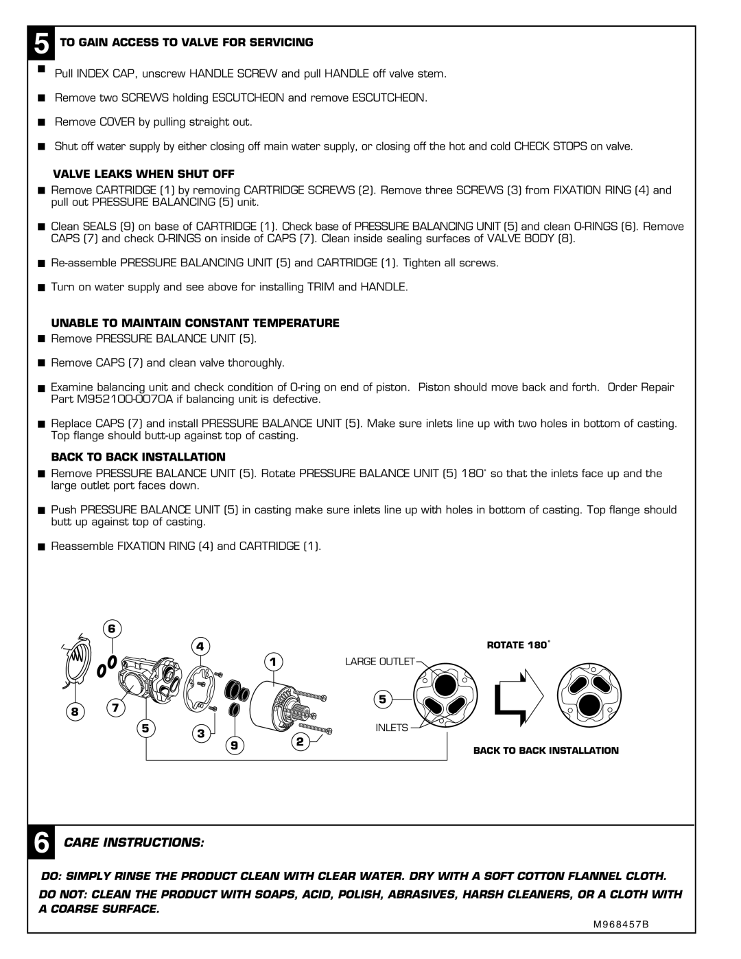 American Standard 6022, 6021 Care Instructions, To Gain Access to Valve for Servicing, Valve Leaks When Shut OFF 