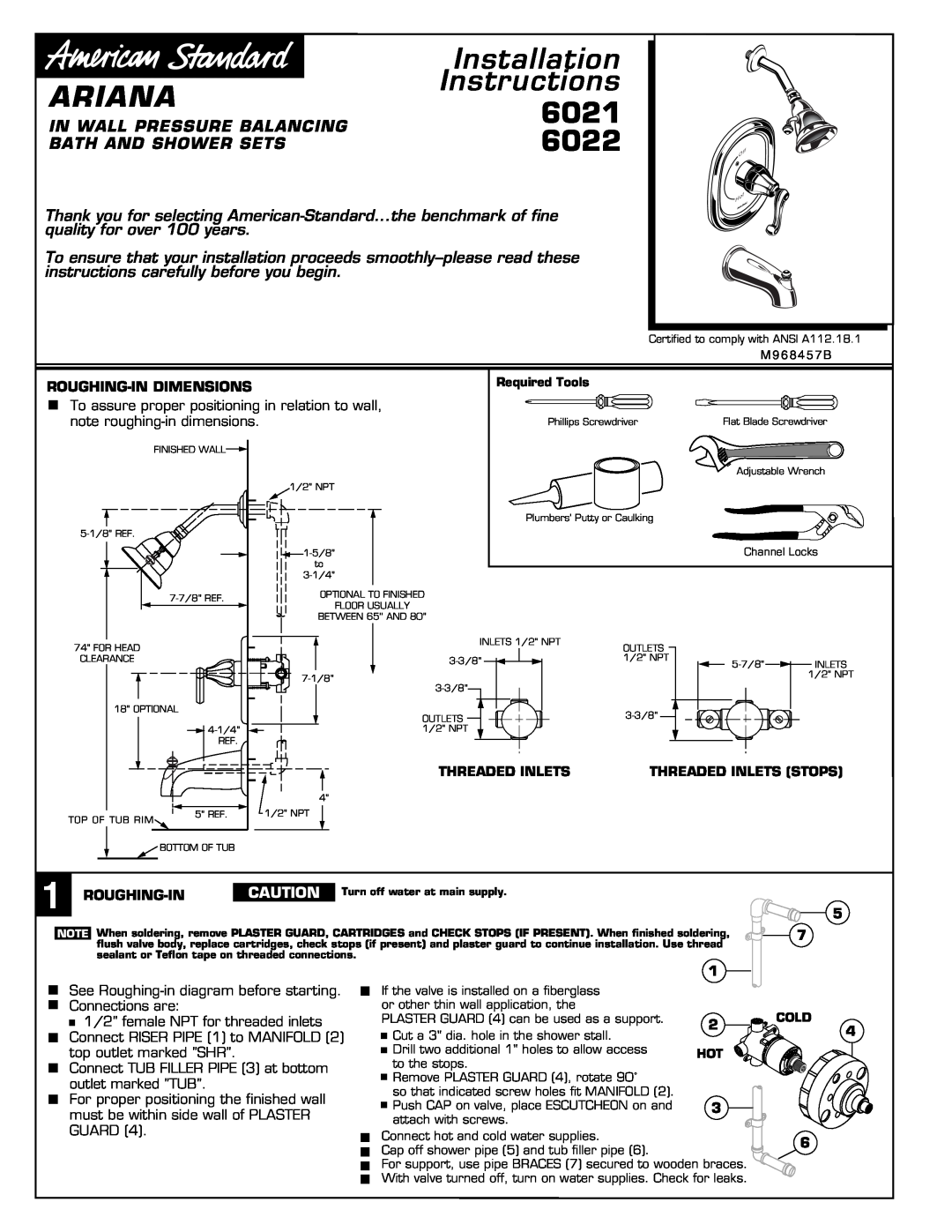 American Standard 6022 installation instructions Installation, Ariana, Instructions, 6021, In Wall Pressure Balancing 