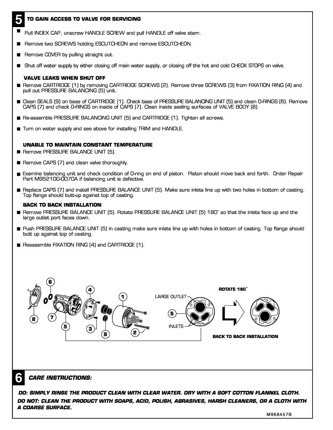 American Standard 6022, 6021 Care Instructions, To Gain Access To Valve For Servicing, Valve Leaks When Shut Off 
