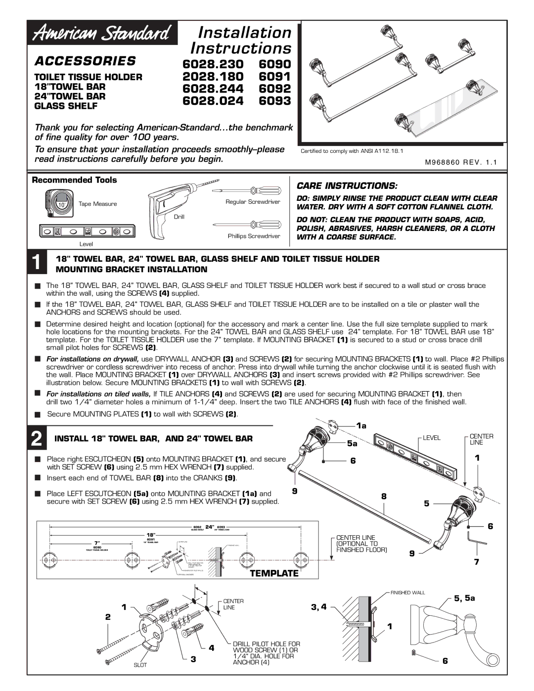 American Standard 2028.180, 6028.024 installation instructions Toilet Tissue Holder, 18TOWEL BAR, 24TOWEL BAR, Glass Shelf 