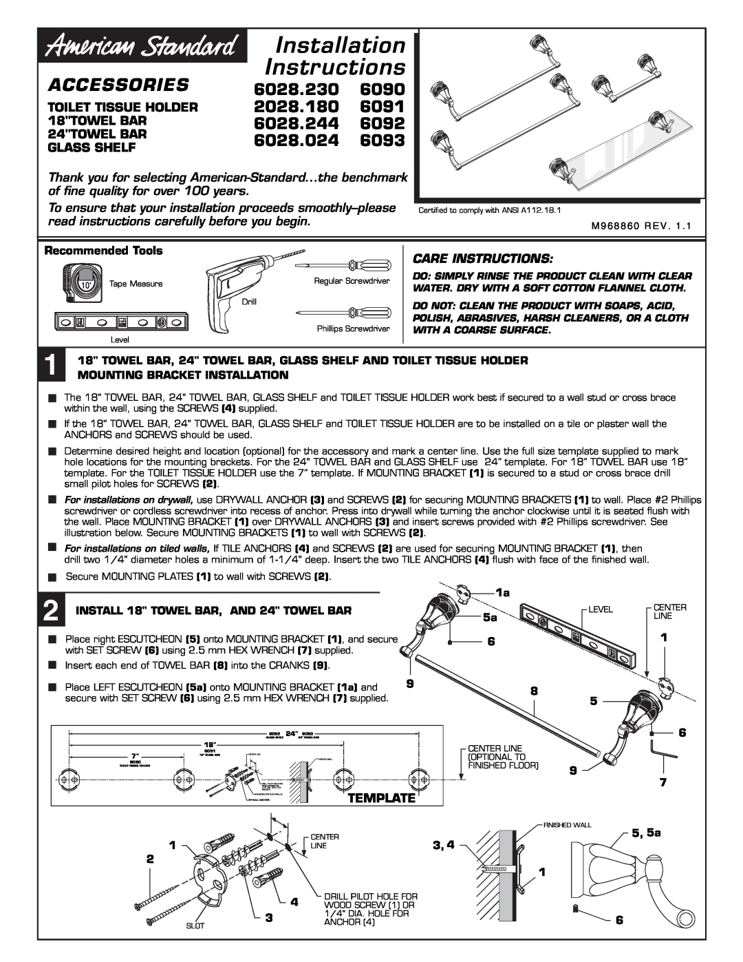 American Standard 2028.180 installation instructions Accessories, Recommended Tools, Template, Installation, Instructions 