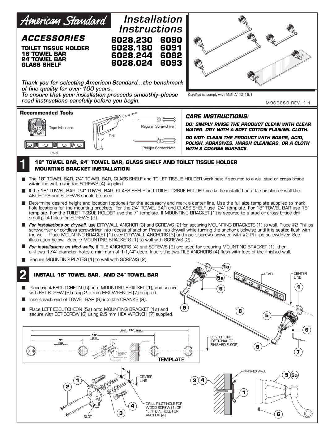 American Standard 6028.244, 6028.024, 6091, 6092, 6090, 6093, 8.23, 0.18 installation instructions Installation, Instructions 