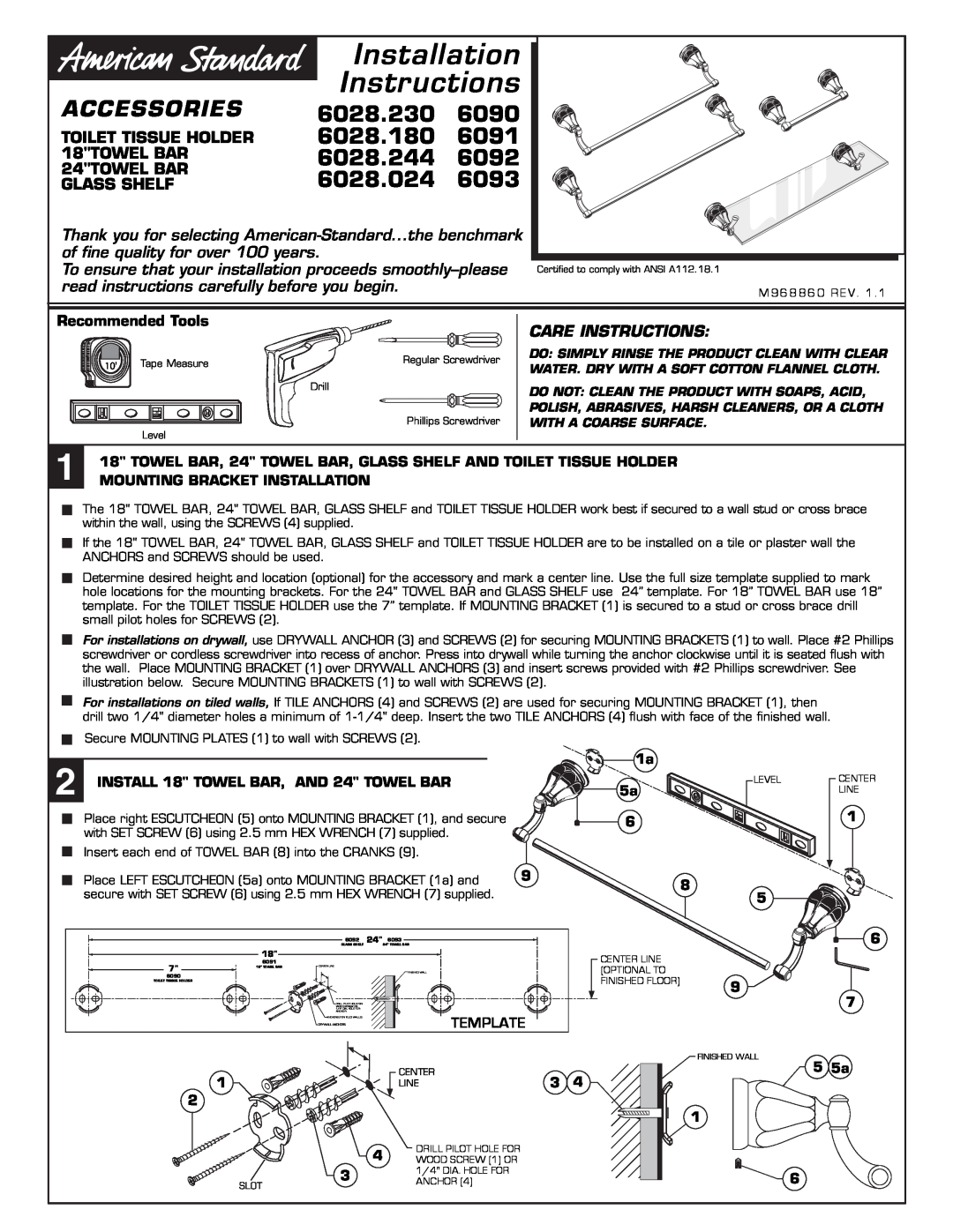 American Standard 2028.180 installation instructions Accessories, Recommended Tools, Template, Installation, Instructions 