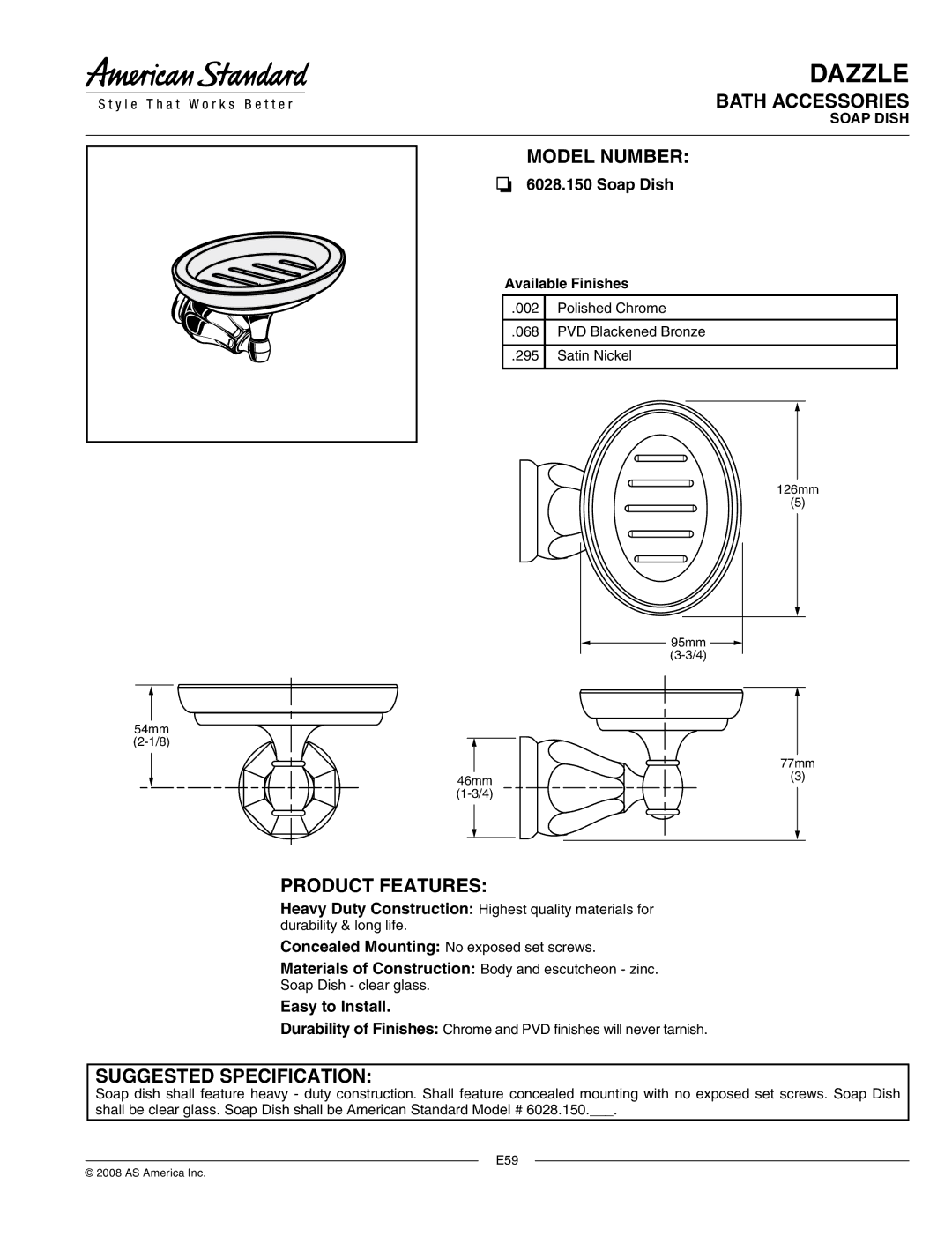 American Standard 6028.150 specifications Dazzle, Bath Accessories, Model Number, Product Features 