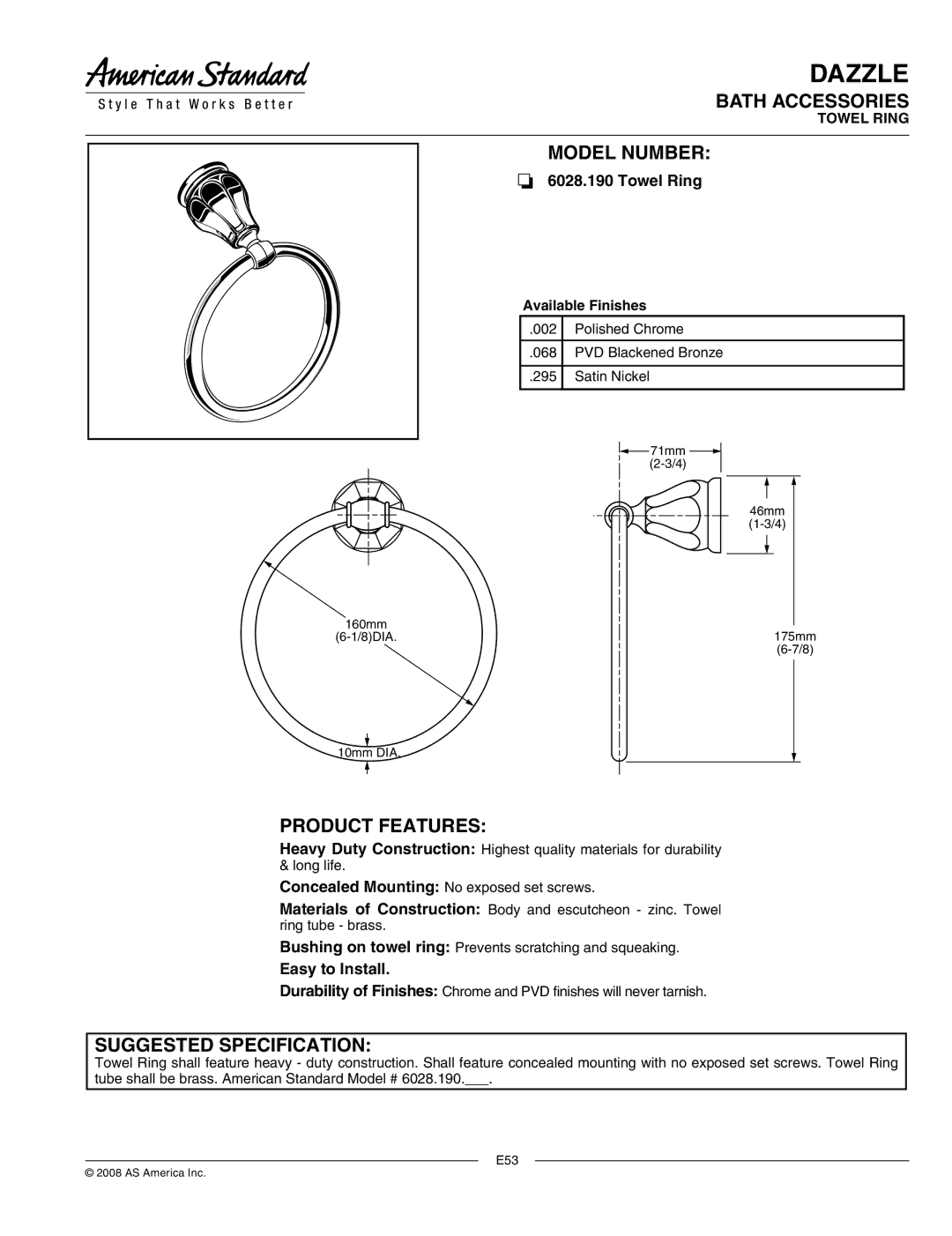 American Standard 6028.190 manual Dazzle, Bath Accessories, Model Number, Product Features, Suggested Specification 