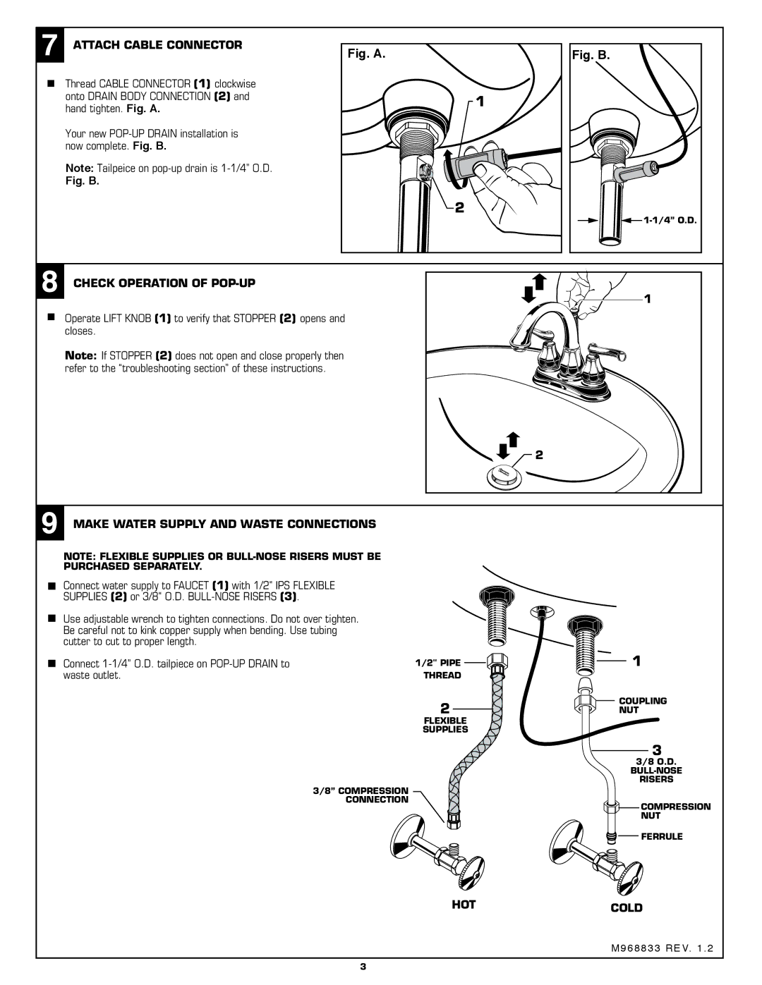 American Standard 6028.201 Attach Cable Connector, Check Operation of POP-UP, Make Water Supply and Waste Connections 