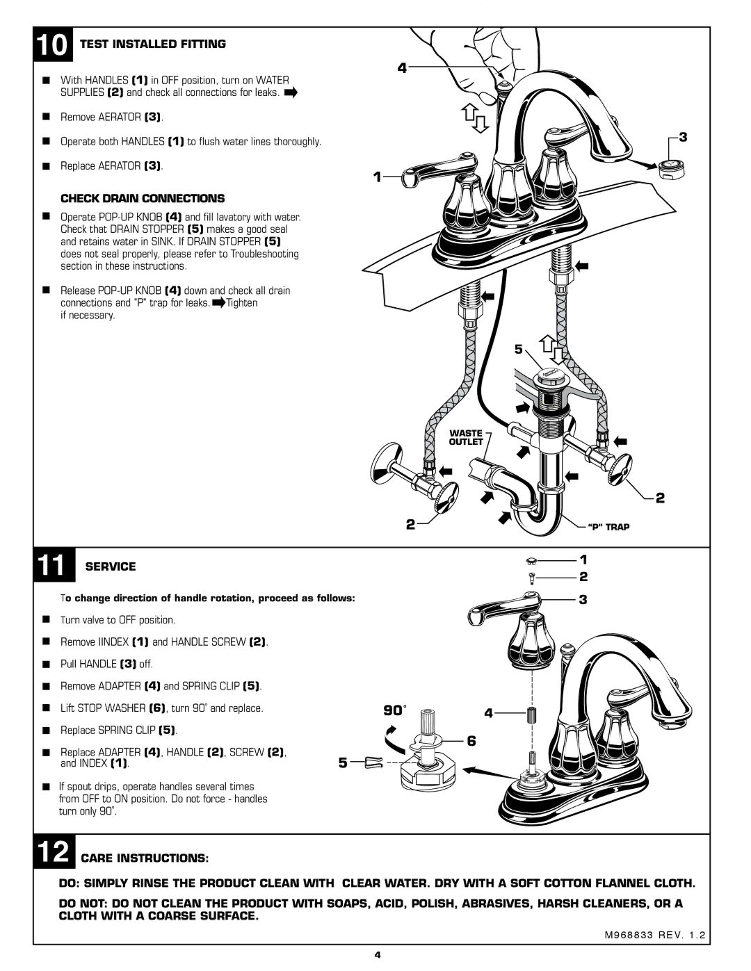 American Standard 6028.201 installation instructions Test Installed Fitting, Check Drain Connections, Service 