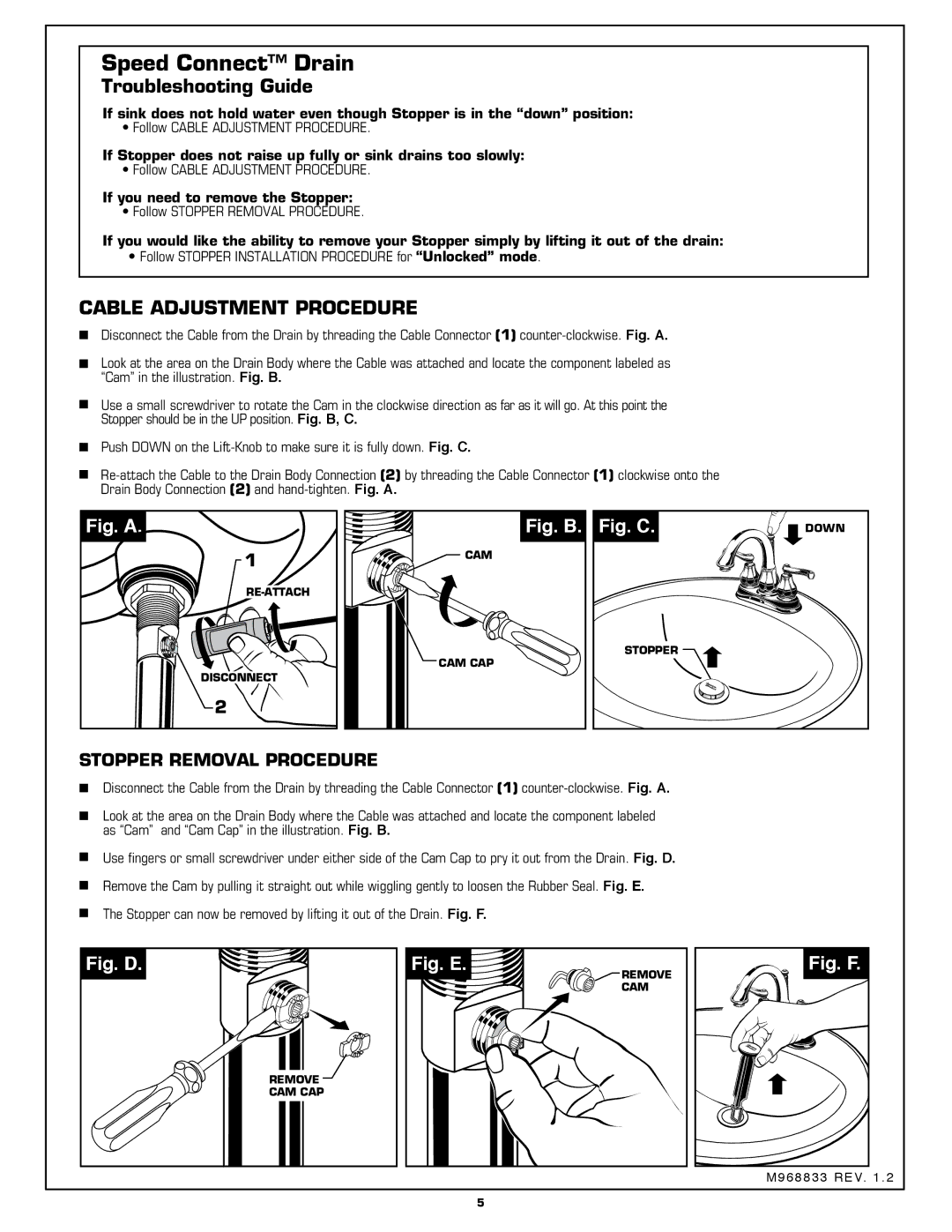 American Standard 6028.201 installation instructions Troubleshooting Guide, Cable Adjustment Procedure 