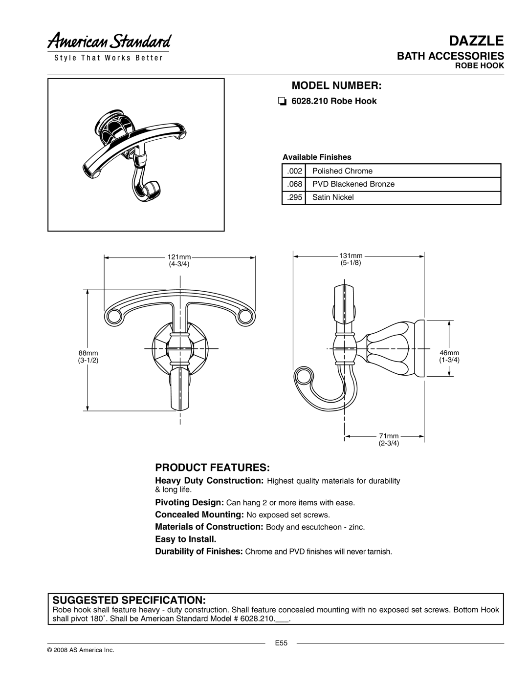 American Standard 6028.210 manual Dazzle, Bath Accessories, Model Number, Product Features, Suggested Specification 