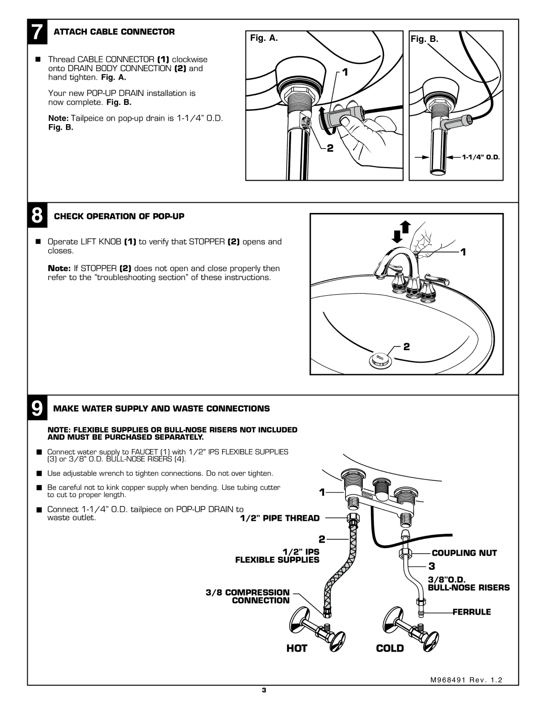 American Standard 6028.240 Hotcold, Attach Cable Connector, Check Operation of POP-UP, BULL-NOSE Risers Ferrule 