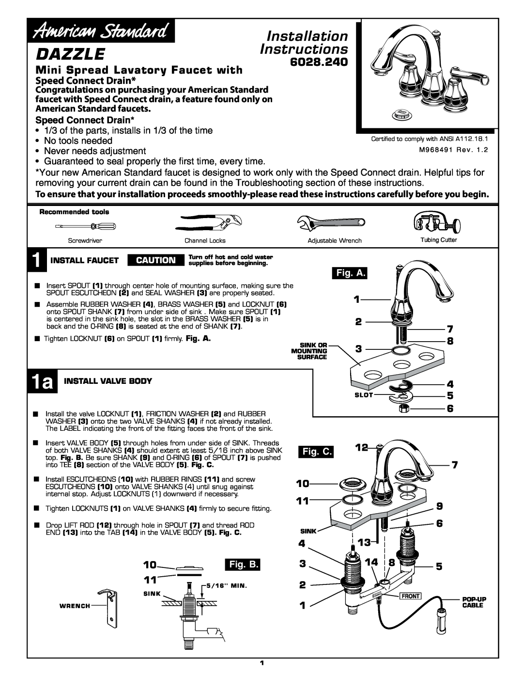 American Standard 6028.240 installation instructions Speed Connect Drain, 7 8 4, Dazzle, Installation, Instructions 
