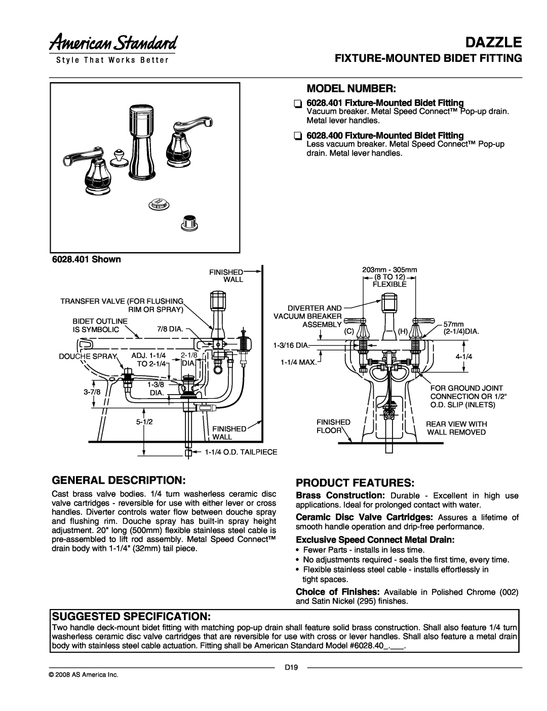 American Standard 6028.400 manual Dazzle, Fixture-Mountedbidet Fitting Model Number, General Description, Product Features 