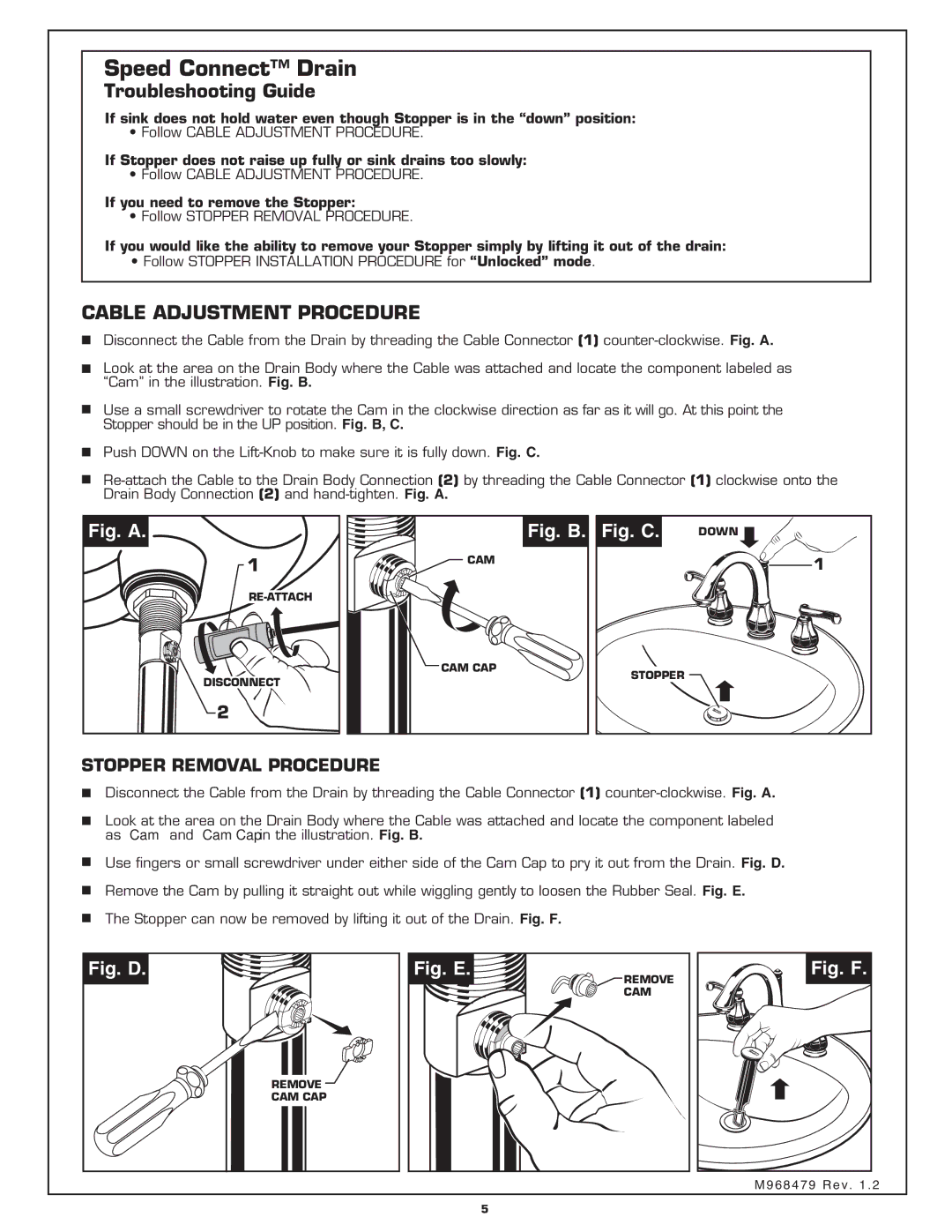 American Standard 6028.801 installation instructions Speed Connect Drain, Troubleshooting Guide 