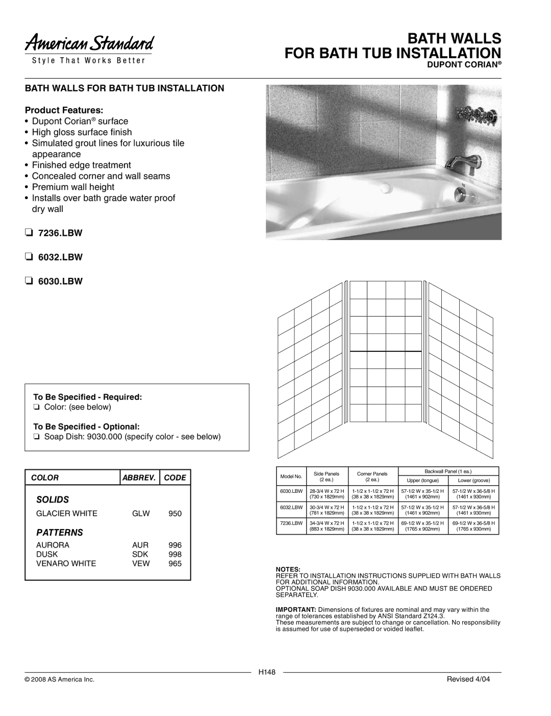 American Standard 6032.LBW, 6030.LBW installation instructions Bath Walls for Bath TUB Installation, Solids, Patterns 